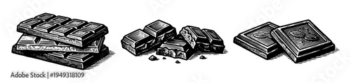 Chocolate bar and broken pieces in vintage engraving style