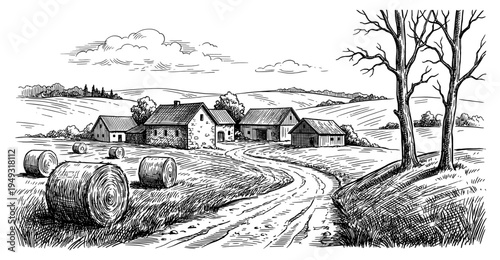 Farm landscape with hay bales in vintage engraving style