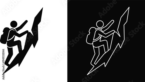 Mountain climber icon set, solid and outline silhouette backpack hiker climbing peak, adventure trekking success concept vector illustration
