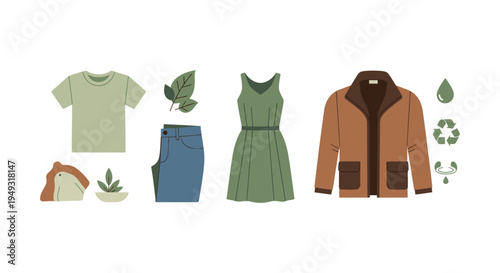 Sustainable Fashion & Eco-Friendly Clothing Concept. Environmentally Responsible Apparel with Recycling & Nature Symbols.