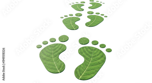 Series of green leaf footprints leading forward for environmental journey
