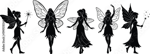Fairy silhouettes collection set, magical winged fantasy girls with wand, enchanted mythical characters isolated vector illustration
