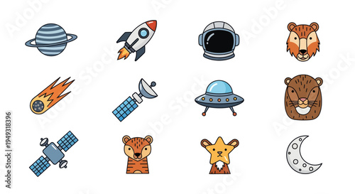 Space and animal icon set