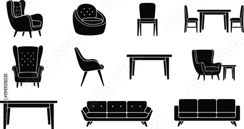 Furniture silhouettes collection set, modern sofa chair table icons, living room interior elements, home furniture design isolated vector illustration