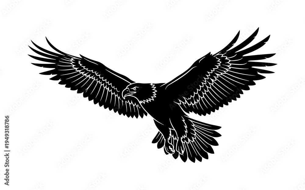 Obraz premium Silhouette of a flying eagle with spread wings on transparent background.