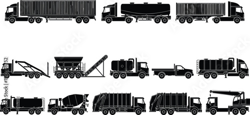 Industrial truck silhouettes collection, cargo tanker garbage mixer crane transport vehicles set, heavy duty construction transport illustration
