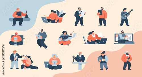 Diverse individuals engaged in various activities, some with laptops and others in creative pursuits