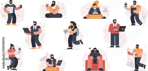 Diverse individuals engaged in various activities using technology, some with plants