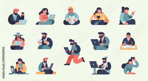 Diverse individuals engaged in various activities with digital devices and beverages