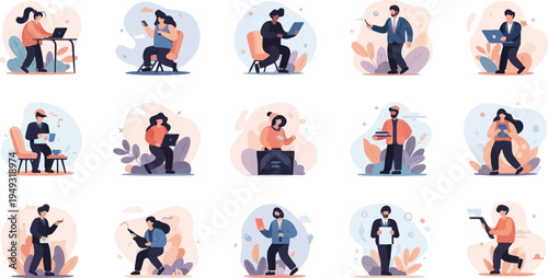 Diverse individuals engaged in various activities with digital devices