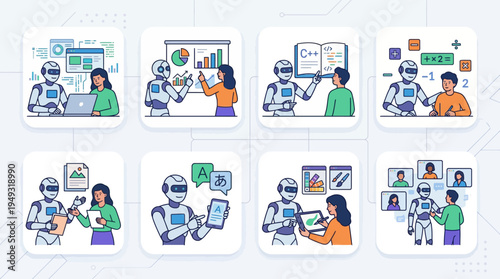 Human Robot Interaction Vector Illustration Set Featuring Education, Data Analysis, Language Translation, Programming, Collaboration, Virtual Meetings, Mathematics, Communication, AI Assistance