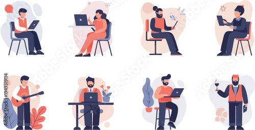 Diverse individuals engaged in various activities, indoors and outdoors