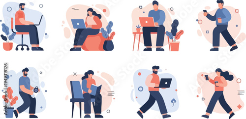 Diverse individuals engaged in various activities with technology