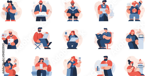 Diverse individuals engaged in various activities like reading and working