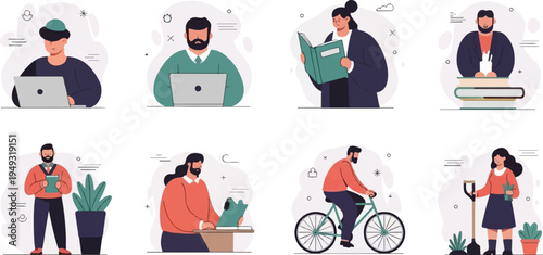 Diverse individuals engaged in various activities like reading, cycling, gardening, and working