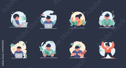 Diverse individuals engaged in various activities like reading, using laptops, and exercising