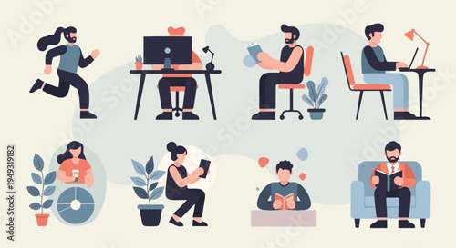 Diverse individuals engaged in various activities like running, working, and reading