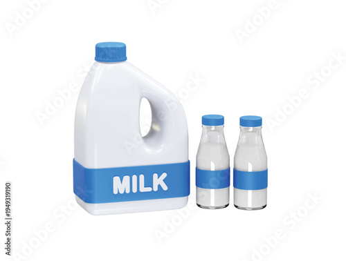 Milk jug and two glass bottles of milk icon 3d rendering illustration