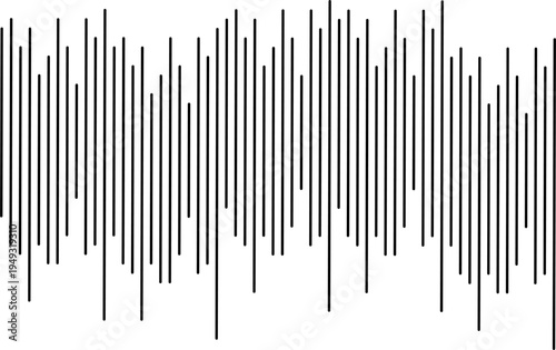 Abstract black sound wave made of vertical lines on white background. Audio waveform visualization concept representing music, recording, technology, and digital signal.