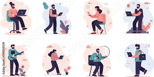 Diverse individuals engaged in various activities like working on laptops and playing music