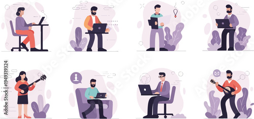 Diverse individuals engaged in various activities like working, playing music, and communicating