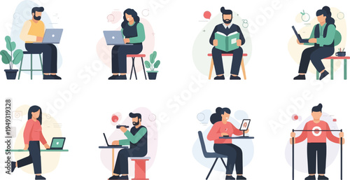 Diverse individuals engaged in various activities like working on laptops, reading, and using tablets