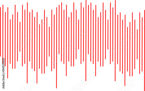 Abstract red sound wave made of vertical lines on white background. Audio waveform visualization concept representing music, recording, technology, and digital signal.