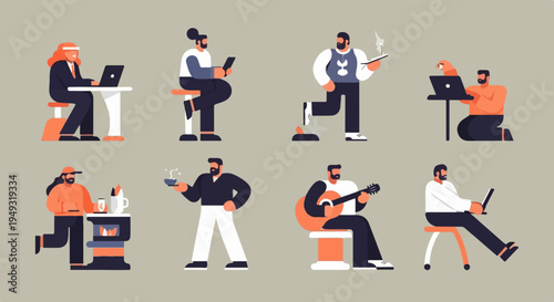 Diverse individuals engaged in various activities like working, playing music, and enjoying food