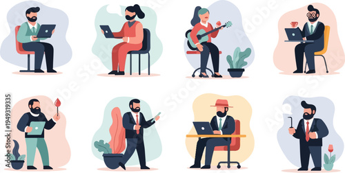 Diverse individuals engaged in various activities like working, playing music, and enjoying hobbies