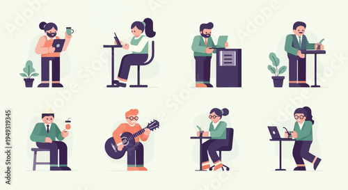 Diverse individuals engaged in various activities like working, playing music, and relaxing
