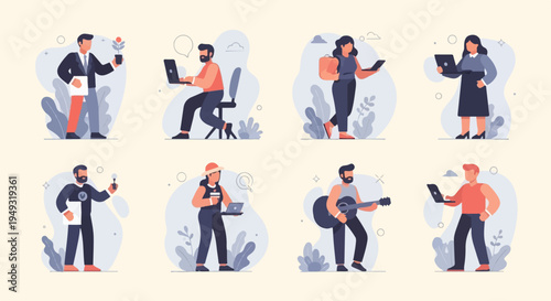 Diverse individuals engaged in various activities like working, playing music, and holding plants