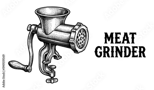 Manual meat grinder in vintage engraving style