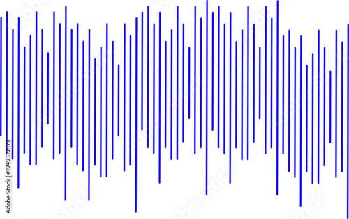 Abstract blue sound wave made of vertical lines on white background. Audio waveform visualization concept representing music, recording, technology, and digital signal.