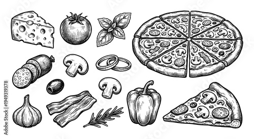 Pizza and ingredients set in vintage engraving style