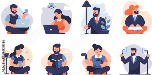 Diverse individuals engaged in various activities like working, reading, and creating content