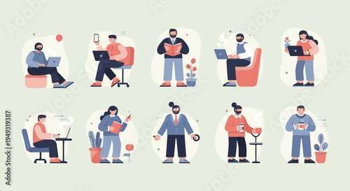 Diverse individuals engaged in various activities like working, reading, and drinking coffee