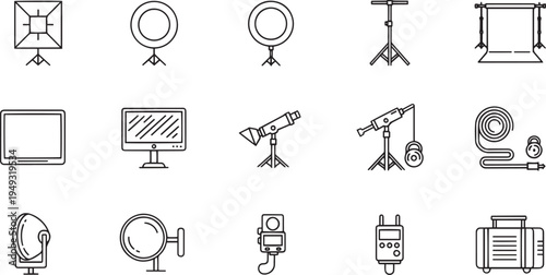Professional Photo Studio and Cinematic Lighting Equipment Icon Set for Commercial Photography Production and Digital Media Workshops