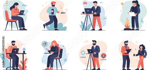 Diverse individuals engaged in modern work and learning activities