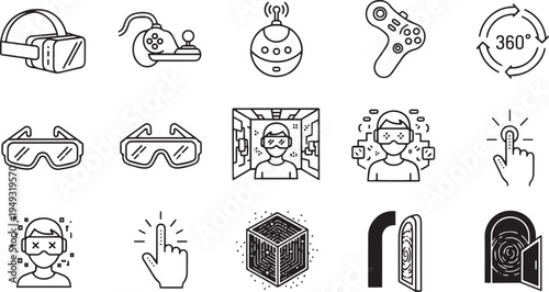Virtual Reality and Metaverse Technology Icon Set Featuring VR Headsets 360-Degree Gaming and Immersive Digital Environments