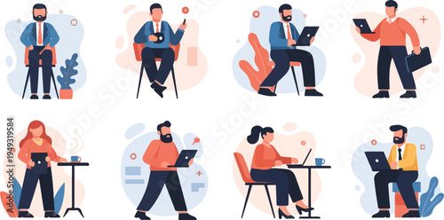 Diverse individuals engaged in modern work and leisure activities with technology