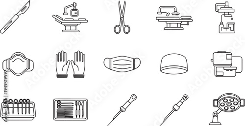 Professional Surgical Equipment and Operating Room Infrastructure Icon Set for Medical Procedures Healthcare Logistics and Hospital Services