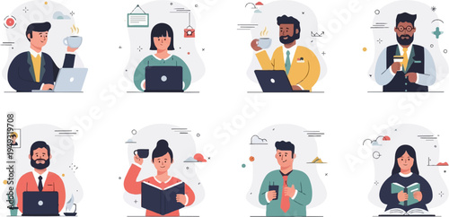 Diverse individuals engage in work, reading, and contemplation with beverages