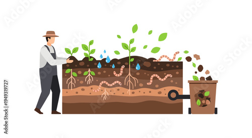 Organic Gardening & Composting: Farmer Cultivating Healthy Soil with Earthworms, Promoting Plant Growth & Sustainable Agriculture