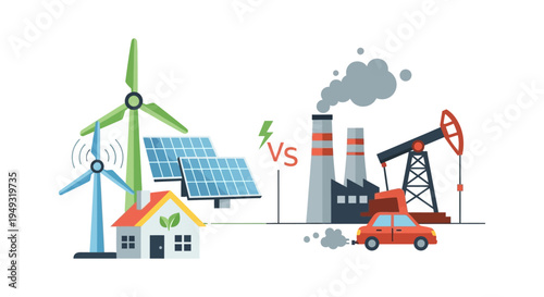 Renewable Energy vs. Fossil Fuels: Sustainable Power, Pollution & Green Future Concept