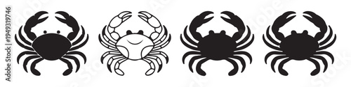 Set of cartoon crab icons black and white simple flat vector illustrations for web design