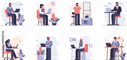 Diverse individuals engaged in office work and digital tasks