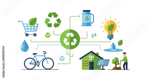 Sustainable Living & Eco-Friendly Practices Illustration: Recycling, Green Energy, Water Conservation, Transport & Conscious Consumerism