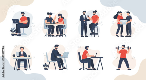 Diverse individuals engage in work, socializing, and fitness activities