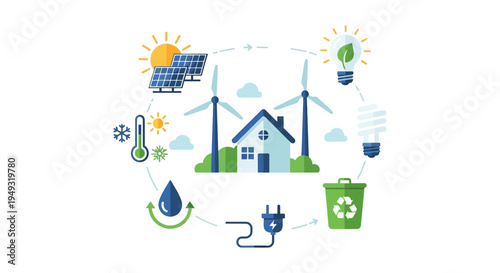 Sustainable Smart Home Ecosystem: Renewable Energy Cycle with Solar Panels, Wind Turbines, Water Conservation, Recycling, and Energy Efficiency