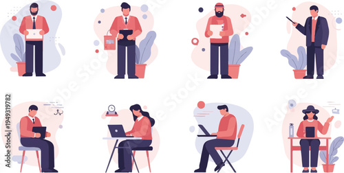 Diverse individuals engaged in office work, presenting documents and devices